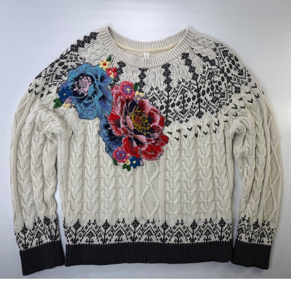 Anthropologie Cable-Knit Fair Isle Jumper Floral Embroidered Sweater Medium